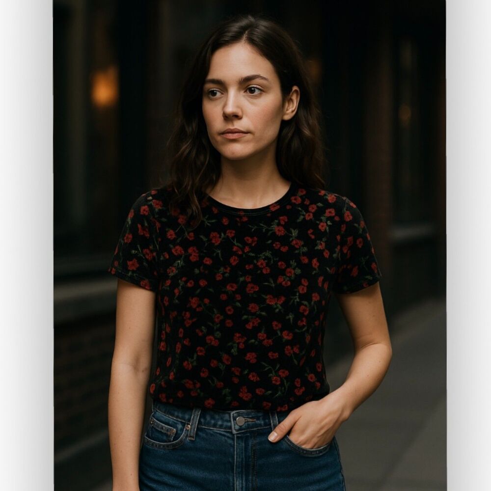 Agenda Black Red Floral Velvet Stretch Short Sleeve Top Sz S Vintage Made In USA